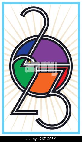 Vertikales Design mit 2023 Zahlen in geometrischer Anordnung und farbenfroher Füllung mit Rahmen. Stock Vektor