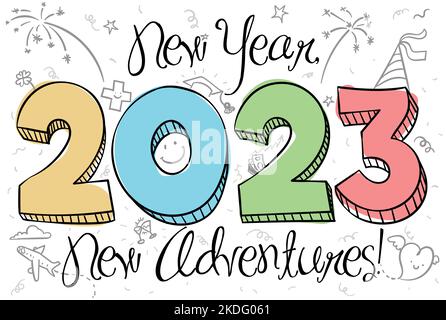 Nummer 2023 und Kritzeleien, die Neujahr und Abenteuer fördern: Flugzeug für Reisen, Herzen für Liebe, Wohlstand, Gesundheit, Spaß und vieles mehr. Stock Vektor