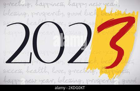 Handgeschriebenes Banner mit Gruß für gute Wünsche, gelbem Pinselstrich und rot lackierter Nummer 3 zur Feier des neuen Jahres 2023. Stock Vektor