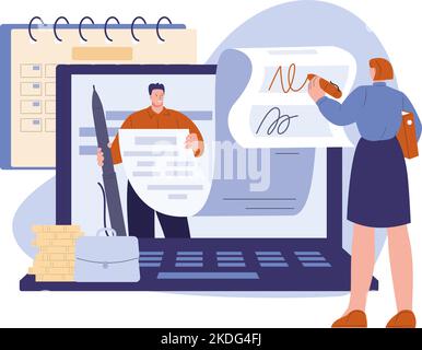 Digitale Verträge oder Termine Frau unterschreibt. Geschäftsvertrag oder Zahlungsrechnung. Online-Treffen mit Partner, Internet-Banking-Service, Vektor-Szene Stock Vektor