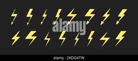 Gelbe Thunderbolt-Symbole, Energie- oder Energieerfassung. Licht Blitz Symbole, energetische Elektrizität Pfeile Sammlung Stock Vektor