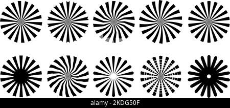 Schwarze radiale Starburst-Elemente. Isoliertes abstraktes Sunburst-Design, kreisförmige Grafik, dekorative Vektor-Symbole. Schneidevorlagen, kreative Kunst Sonnen Stock Vektor