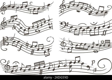 Musikalisches Personal mit Noten. Isolierte Musikbanner. Melodiöse inspirierende Elemente, Musiker wirbeln Linien. Song Vintage neoterischen Vektor-Design Stock Vektor