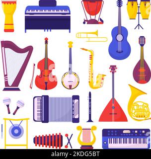 Flache Cartoon-Musikinstrumente. Musik Instrumental Clipart, Komponist Elemente. Klavier und Klarinette, Akkordeon und Trompete. Neoterischer Orchestervektor Stock Vektor