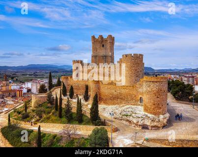 Luftaufnahme der Burg von Villena in der Provinz Alicante, Spanien. Stockfoto