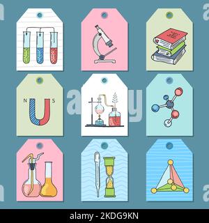 Science Tags. Chemische Symbole Röhren Formeln Bücher Magnet Mikroskop. vektor-Etiketten in Cartoon-Stil Stock Vektor