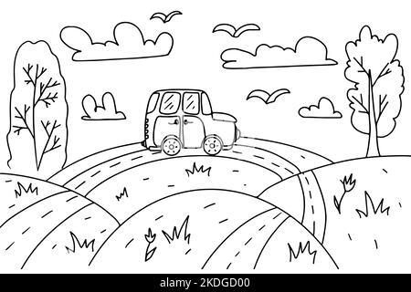 Malseite für Kinder. Landschaft mit Hügeln, Wolken, Feldern, Bäumen, Autos und Vögeln. Vektor handgezeichnete Illustration im Doodle-Stil. Aktivitätbuch Stock Vektor