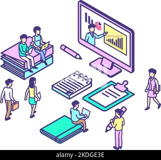 Online-Videotreffen von Kollegen. Freiberufler oder Marketingteam. Junge Menschen, die am Laptop arbeiten, Ausbildung in Unternehmen. Vektor isometrische Geschäftsleute Stock Vektor