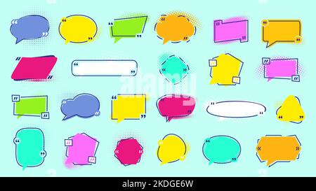 Bunte Zitate Rahmen Sammlung. Helle Retro-Textnachrichten-Blase mit Klammern und Halbtoneffekten. Vektor-Sprechballons, trendiges Retro-Design Stock Vektor