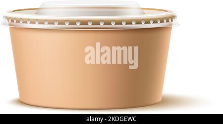 Lebensmittelverpackungen auf der Straße. Realistischer Behälter zum Mitnehmen von Papier. Pappbecher mit Deckel. Joghurt oder Creme Recycling-Paket Mockup. Tasse mit Soße. Lieferung Stock Vektor