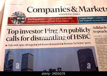 Financial Times titelt: „Top-Investor Ping an fordert öffentlich den Abbau von HSBC“ Companies & Markets Titelseite 5. November London UK Stockfoto