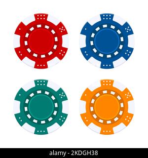 Realistische Casino-Chips, Set. Realistische rote, blaue, grüne, gelbe Casino-Poker-Spielchips, Glücksspiel-Plastikmünzen. Jackpot-Chip-Token für Roulette. Gemüse Stock Vektor