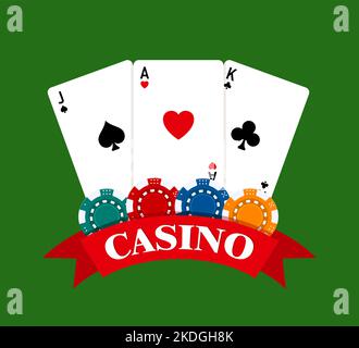 Pocker Casino Glücksspiel Set mit Karten, Chips auf grünem Hintergrund. Online-Web-Casino-Banner. Vektorgrafik Stock Vektor