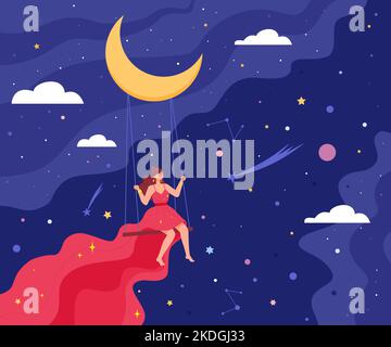 Frau auf Mondschaukel. Mädchen vorstellen Reise im Schlaf Traum, schwingt einsam Träumer surrealen Raum fliegen der schönen Prinzessin Schlafenszeit oder Mitternacht Märchen Nacht Vektor Illustration von Mädchen auf dem Mond Stock Vektor