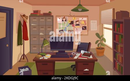 Detektivbüro. Ermittler Schrank Arbeitsplatz Zimmer, Polizei-Board Karte Kriminalität Untersuchung Wand, Schreibtisch Spionage Agentur kriminelle Informationen, geniale Vektor-Illustration von Büro Detektiv Interieur Stock Vektor