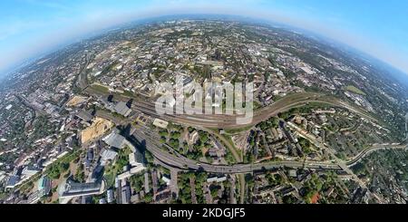 Luftaufnahme, Stadt mit Hauptbahnhof, Fischaugenaufnahme, 360-Grad-Aufnahme, Westviertel, Essen, Ruhrgebiet, Nordrhein-Westfalen, Deutschland Stockfoto