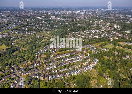 Luftaufnahme, Wohnsiedlung Gehrberg, hufeisenförmige Wohnsiedlung, sowie Wohnsiedlung Hallering, Lönsberg und Dinnendahlstraße, kreisförmig ho Stockfoto