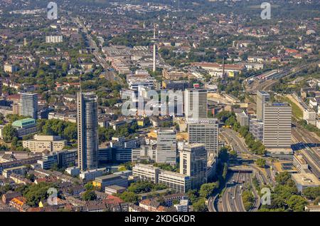 Luftaufnahme, Standortansicht Stadt, Baustellenabriss Ypsilon-Haus der RWE-Zentrale Essen in der Huyssenallee, geplanter Büroneubau Stockfoto
