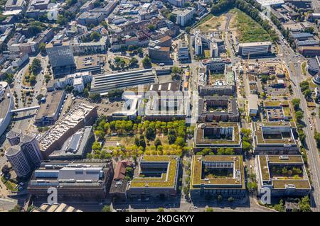 Luftaufnahme, quadratische Wohngebäude Weststadt mit Park, Weststädter Türmen, Baustelle und neues Bürogebäude in der Frohnhauser Straße corne Stockfoto