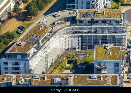 Luftaufnahme, Sanierung nach Großbrand im Wohngebäude Grüne Mitte, verkleidete Fassade, Westviertel, Essen, Ruhrgebiet, Nordrhein-Westfalen, Deutschland Stockfoto