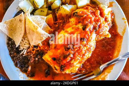 Mexikanisches Omelett mit schwarzen Bohnen Kartoffeln und Nachos auf weißem Teller in El Cafecito in Zicatela Puerto Escondido Oaxaca Mexiko. Stockfoto