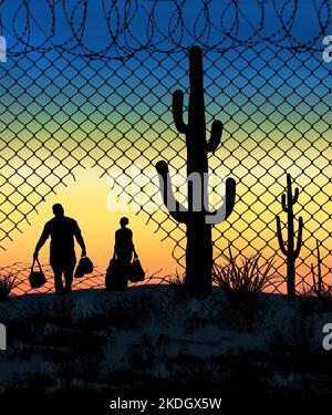 Illegale Einwanderer gelangen von Mexiko aus über eine Schwachstelle am Grenzzaun in die USA, wie in dieser 3-d-Illustration dargestellt. Die Szene ist bei Sonnenuntergang in einem Wüstensett Stockfoto