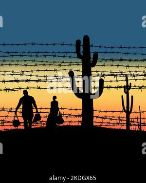 Illegale Einwanderer gelangen von Mexiko aus über eine Schwachstelle am Grenzzaun in die USA, wie in dieser 3-d-Illustration dargestellt. Die Szene ist bei Sonnenuntergang in einem Wüstensett Stockfoto