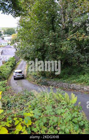 Die steilste Straße der Welt, in,Zentrum,von,Harlech,Gwynedd,County,Gwynedd County,Wales,Walisisch,anerkannt,von,Guinness Buch der Rekorde, Stockfoto