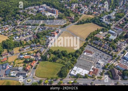 Luftaufnahme, St. Barbara Klinik Hamm-Heessen, Baustelle mit Erweiterung, Mischgebiet zwischen Vogelstraße, Ahlener Straße und Enniger Weg, Rewe s Stockfoto