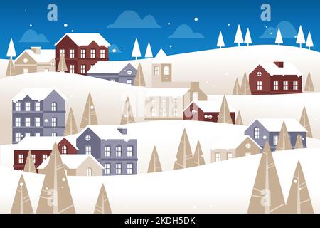 Handgezeichnete flache Winter Dorf Vektor-Design-Illustration Stock Vektor