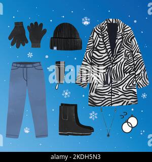 Handgezeichnete Winterkleidung Essentials Kollektion Vektor Design Illustration Stock Vektor