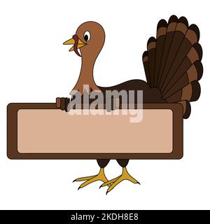 Hausgemachter truthahn. Der Vogel hält ein leeres Plakat in der Hand. Ort für Ihren Text. Farbige Vektordarstellung. Isolierter weißer Hintergrund. Cartoon-Stil. Stock Vektor