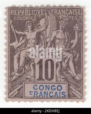 FRANZÖSISCH KONGO - 1892: Eine 10 Rappen schwarze Briefmarke auf Lavendel, die ein Paar alter götter und Göttin als Allegorie 'Navigation und Handel' darstellt. Es wurde von Louis-Eugene Mouchon entworfen. Frankreich begann im Jahr 1892 im Rahmen der Ausgabe für Navigation und Handel mit der Ausgabe von Briefmarken, die mit dem Namen des Territoriums gedruckt wurden. Eine Serie von üblichen Portomarken wurde ab 1884 herausgegeben, eine letzte erschien 1906. Danach verwendete jede Kolonie nur noch ihre eigenen Marken. Die Ausgabe von Navigation and Commerce ist eine Serie von Schlüsselmarken, die für die Kolonialgebiete Frankreichs ausgegeben wurden Stockfoto