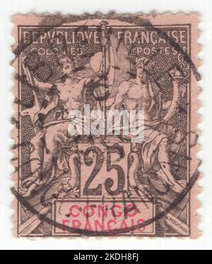 FRANZÖSISCH KONGO - 1892: Eine schwarze 25 Rappen-Briefmarke, die ein Paar alter götter und Göttin als Allegorie 'Navigation und Handel' darstellt. Es wurde von Louis-Eugene Mouchon entworfen. Frankreich begann im Jahr 1892 im Rahmen der Ausgabe für Navigation und Handel mit der Ausgabe von Briefmarken, die mit dem Namen des Territoriums gedruckt wurden. Eine Serie von üblichen Portomarken wurde ab 1884 herausgegeben, eine letzte erschien 1906. Danach verwendete jede Kolonie nur noch ihre eigenen Marken. Die Ausgabe von Navigation and Commerce ist eine Serie von Schlüsselmarken, die für die Kolonialgebiete Frankreichs ausgegeben wurden Stockfoto