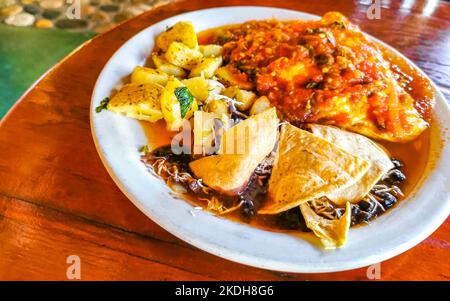 Mexikanisches Omelett mit schwarzen Bohnen Kartoffeln und Nachos auf weißem Teller in El Cafecito in Zicatela Puerto Escondido Oaxaca Mexiko. Stockfoto