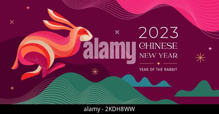 Chinesisches Neujahr 2023 Jahr des Kaninchens - lila traditionelle chinesische Designs mit Kaninchen, Hasen. Lunar New Year Konzept, modernes Design. Stock Vektor