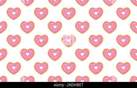 Herzförmiger Donut mit nahtlosem Muster. Süße Donuts mit Streuseln Hintergrund für Valentinstag. Scrapbooking oder Geschenkpapier, Serviette oder Tischdecke Stoff Design. Vektorgrafik Cartoon-Illustration Stock Vektor