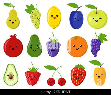 Obst Cartoon niedlichen Emoji-Set. Spaß Lächeln Zeichen Himbeere Erdbeere Brombeere Beere Trauben Zitrone Pfirsich Granatapfel Kirsche Aprikose Apfel Birne Pflaume orange Avocado. Gesundes Essen Emoticon Stock Vektor