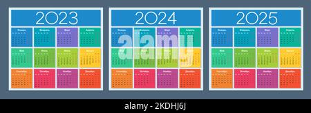 Kalender 2023, 2024, 2025. Farbenfrohes Set. Russische Sprache. Die Woche beginnt am Montag. Samstag und Sonntag hervorgehoben. Isolierte Vektordarstellung. Stock Vektor