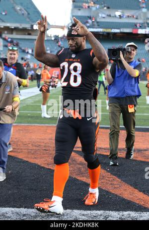 Cincinnati, Usa. 06.. November 2022. Cincinnati Bengals Halbback Joe Mixon (28) feiert, nachdem sein Team am Sonntag, den 6. November 2022 in Cincinnati die Carolina Panthers im Paycor Stadium besiegt hat. Ohio Foto von John Sommers II/UPI Kredit: UPI/Alamy Live News Stockfoto