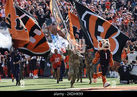 Cincinnati, Usa. 06.. November 2022. Die Fußballmannschaft von Cincinnati Bengals geht vor ihrem Spiel gegen die Carolina Panthers im Paycor Stadium am Sonntag, den 6. November 2022 in Cincinnati auf das Spielfeld. Ohio Foto von John Sommers II/UPI Kredit: UPI/Alamy Live News Stockfoto