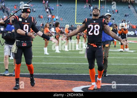 Cincinnati, Usa. 06.. November 2022. Cincinnati Bengals Halbrückspieler Joe Mixon (28) und Quarterback Joe Burrow (9) feiern nach dem Sieg über die Carolina Panthers im Paycor Stadium am Sonntag, den 6. November 2022 in Cincinnati. Ohio Foto von John Sommers II/UPI Kredit: UPI/Alamy Live News Stockfoto