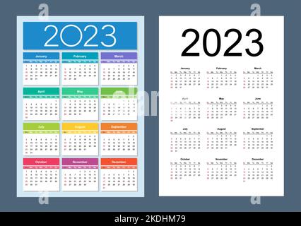 Farbenfroher Kalender für 2023 Jahre. Die Woche beginnt am Sonntag. Vertikal. Isolierte Vektordarstellung. Stock Vektor