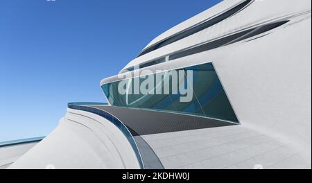 Das Äußere der abstrakten Architektur ist futuristisch und stromliniert. Tagesaufnahme. 3D Rendern Stockfoto