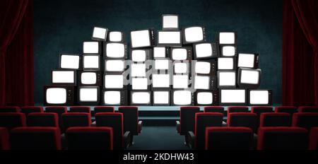 Viele alte und alte Fernsehgeräte auf der Theaterbühne mit Reihen leerstehender Sitze von hinten. 3D Rendern Stockfoto