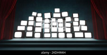 Viele alte und alte Fernsehgeräte auf der Theaterbühne mit Reihen leerstehender Sitze von hinten. 3D Rendern Stockfoto
