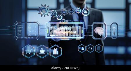 Asset-Management-Konzept mit Smart-Analyse-Benutzeroberfläche Getriebe. 3D Illustration und Rendering Stockfoto