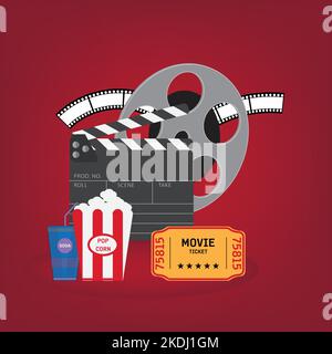 Popcornbox, Einwegbecher für Getränke mit Stroh, Filmstreifen, Klappbrett und Ticket Stock Vektor