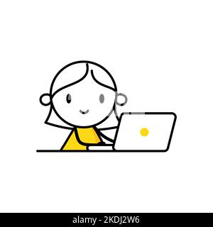 Fröhliche lächelnde Frau, die mit seinem Laptop arbeitet. Freiberufler oder Büroangestellter. Freiberuflich oder Studienkonzept. Vektorgrafik. Stock Vektor