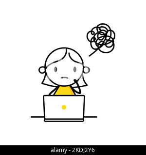 Unglückliche Frau mit Laptop, die damit beschäftigt ist, das Projekt fristgerecht zu beenden. Müder Büroangestellter. Arbeitsstress, Müdigkeit von überarbeiteter Arbeit, Angst oder Erschöpfung, er Stock Vektor